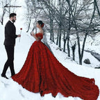 NumberSea Luxury Red Lace Foral Wedding Dresses Long Train