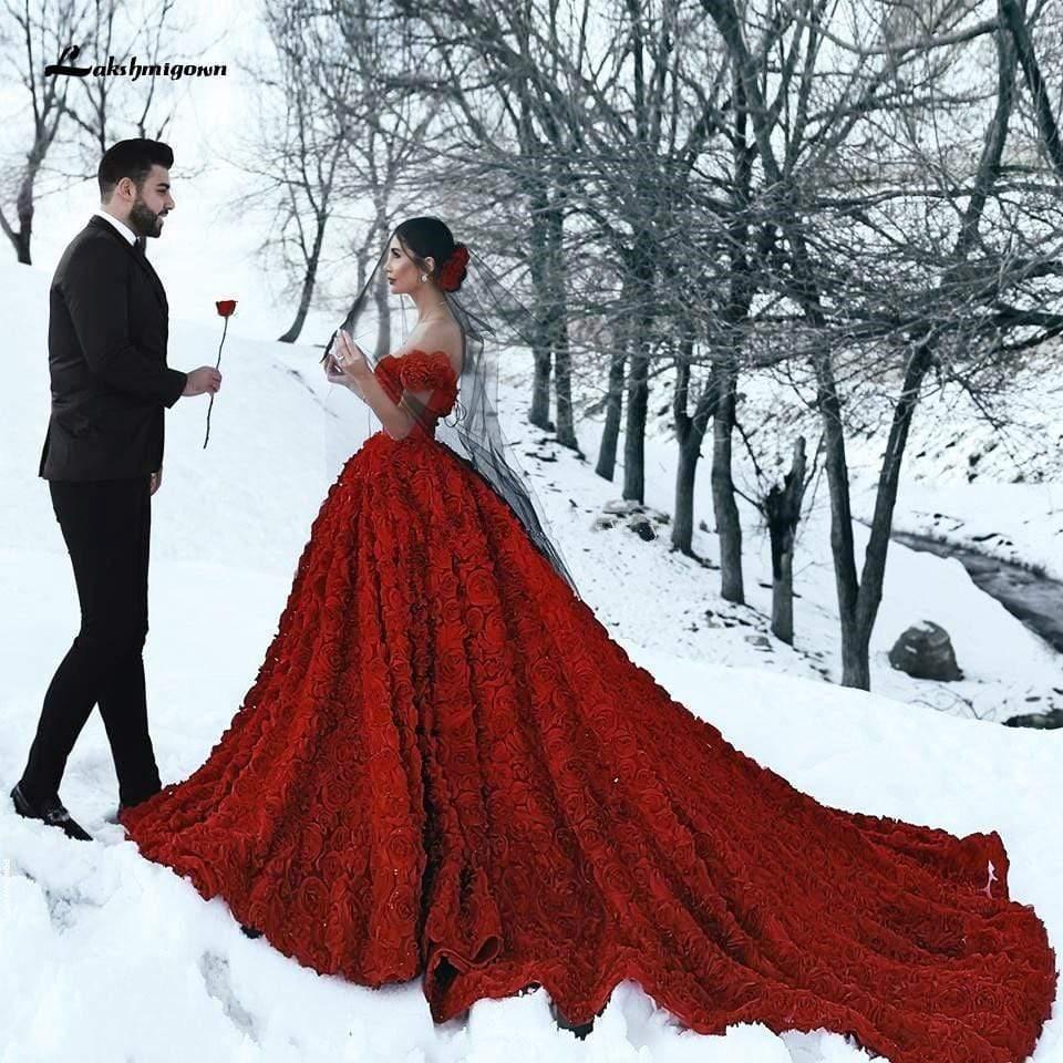 NumberSea Luxury Red Lace Foral Wedding Dresses Long Train