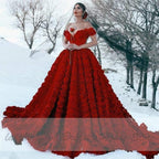 NumberSea Luxury Red Lace Foral Wedding Dresses Long Train