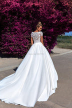 NumberSea Luxury Satin A Line Wedding Dresses with Pockets Top Full Beads Scoop Cap Sleeves Long Pleated Bridal Gowns Vestidos Noiva