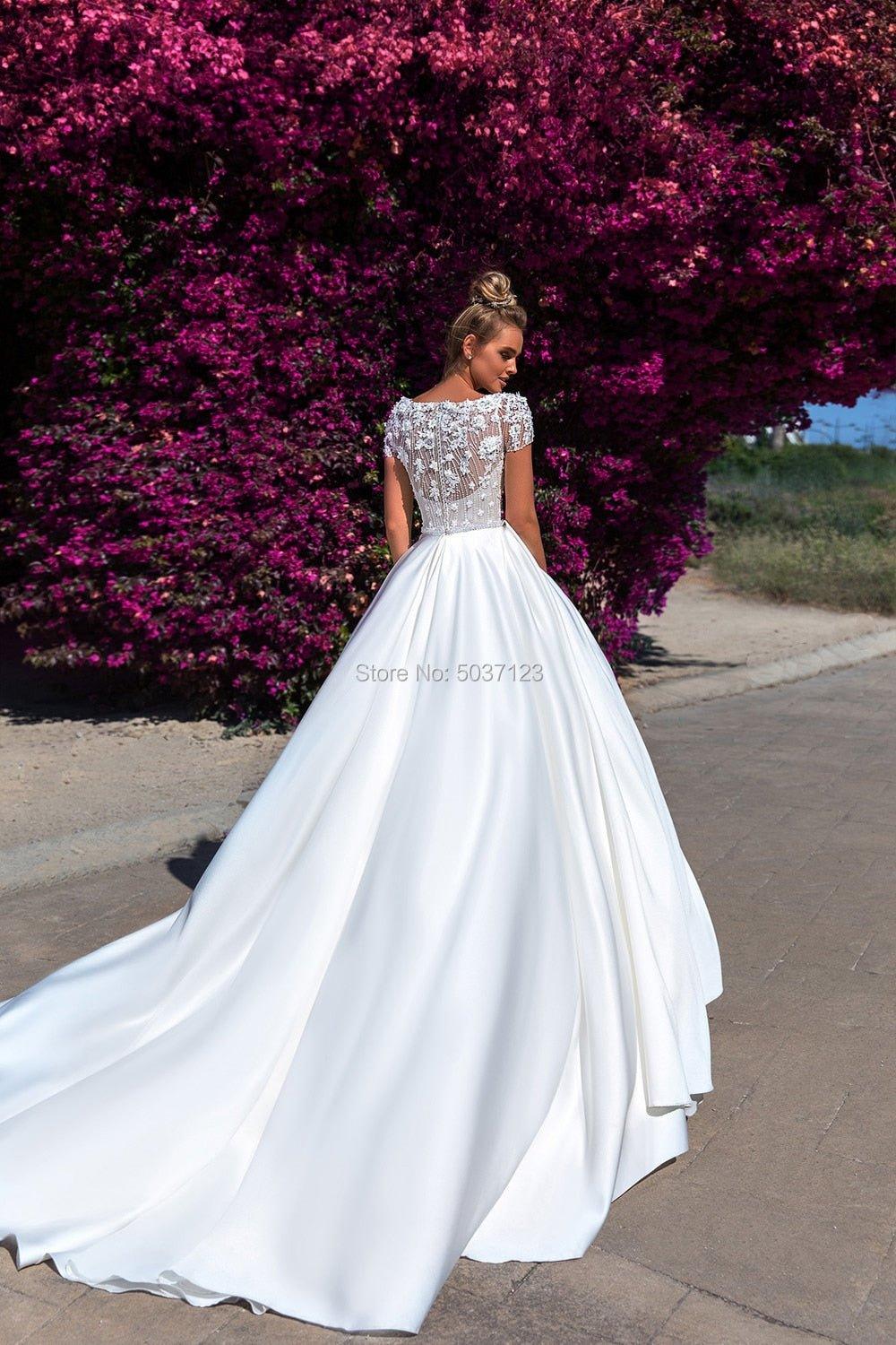NumberSea Luxury Satin A Line Wedding Dresses with Pockets Top Full Beads Scoop Cap Sleeves Long Pleated Bridal Gowns Vestidos Noiva