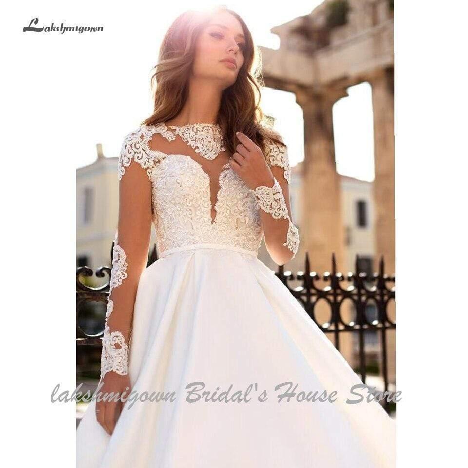 NumberSea Luxury Satin Wedding Dress Long Sleeve Sheer Illusion Lace Top