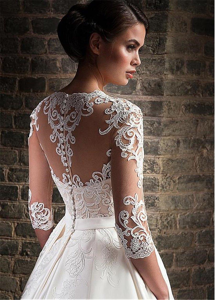 NumberSea Marvelous Satin V-Neck A-Line Wedding Dresses With Lace Appliques Half Sleeves Bridal Dress with Pocket vestidos de formatura