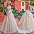 NumberSea Marvelous Tulle Jewel Neckline A-line Wedding Dress With Lace Appliques & 3D Flowers Champagne Bridal Gowns