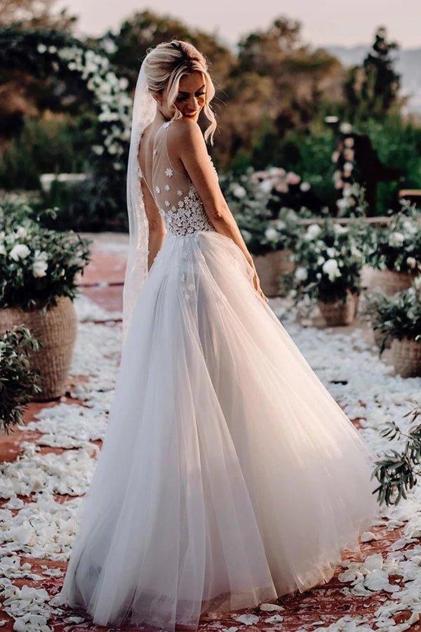 NumberSea Marvelous Tulle V-neck A-line Wedding Dresses With Flowers Bridal Gowns,MW456