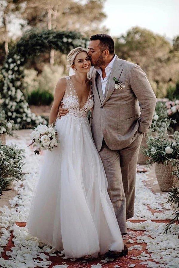 NumberSea Marvelous Tulle V-neck A-line Wedding Dresses With Flowers Bridal Gowns,MW456