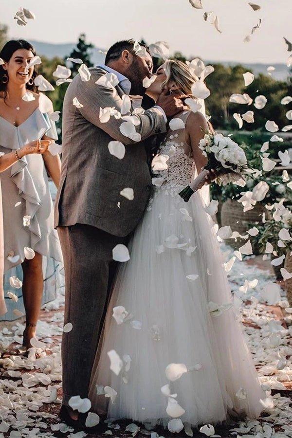 NumberSea Marvelous Tulle V-neck A-line Wedding Dresses With Flowers Bridal Gowns,MW456