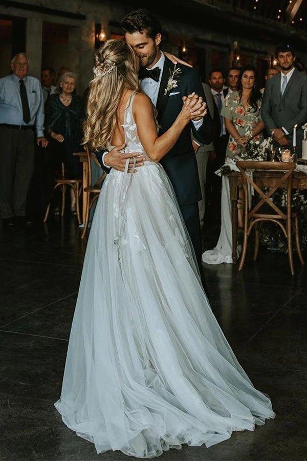NumberSea Marvelous V-neck A-line Wedding Dresses Appliques Tulle Bridal Gowns,MW468