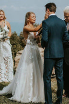 NumberSea Marvelous V-neck A-line Wedding Dresses Appliques Tulle Bridal Gowns,MW468