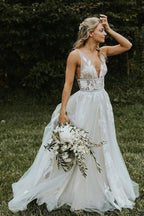 NumberSea Marvelous V-neck A-line Wedding Dresses Appliques Tulle Bridal Gowns,MW468