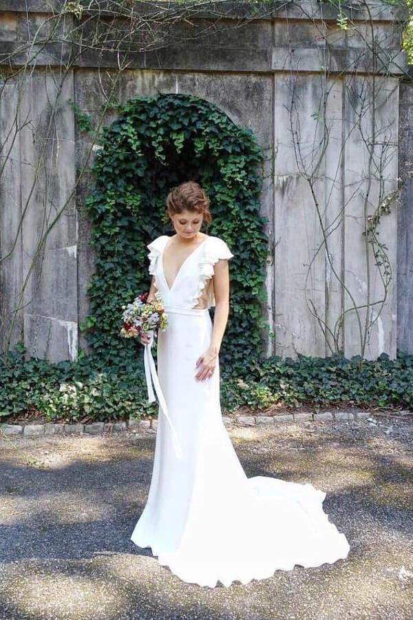 NumberSea Mermaid Cap Sleeves V-neck Wedding Dresses with Ruffles, Bridal Gown, MW614