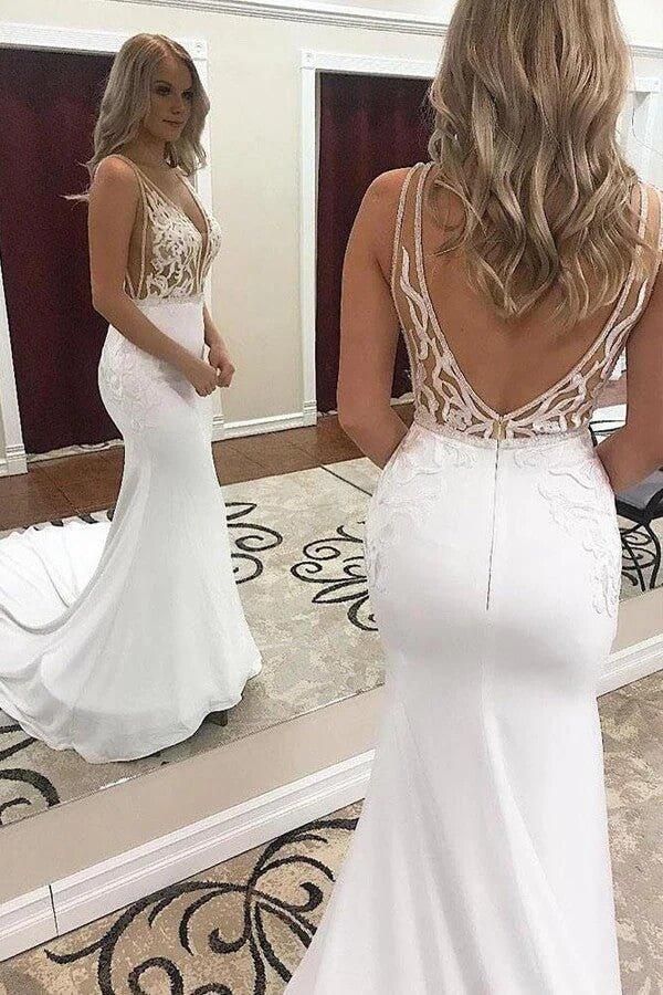 NumberSea Mermaid Deep V-neck Wedding Dresses With Lace Appliques, Bridal Gown, MW775