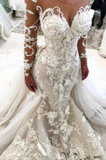 NumberSea Mermaid Detachable Train Long Sleeves Scoop Wedding Dresses With Applique,MW484