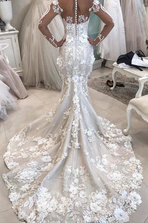 NumberSea Mermaid Detachable Train Long Sleeves Scoop Wedding Dresses With Applique,MW484