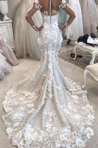 NumberSea Mermaid Detachable Train Long Sleeves Scoop Wedding Dresses With Applique,MW484