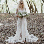 NumberSea Mermaid Gown with Unlined Sleeves Wedding Dress Front Slit Ivory Lace Bridal dress,MW349