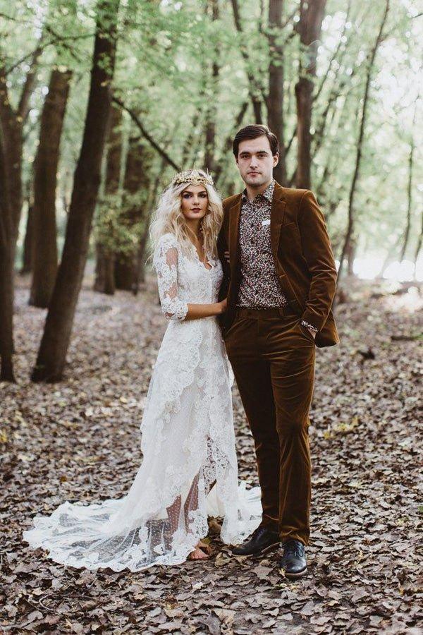 NumberSea Mermaid Gown with Unlined Sleeves Wedding Dress Front Slit Ivory Lace Bridal dress,MW349