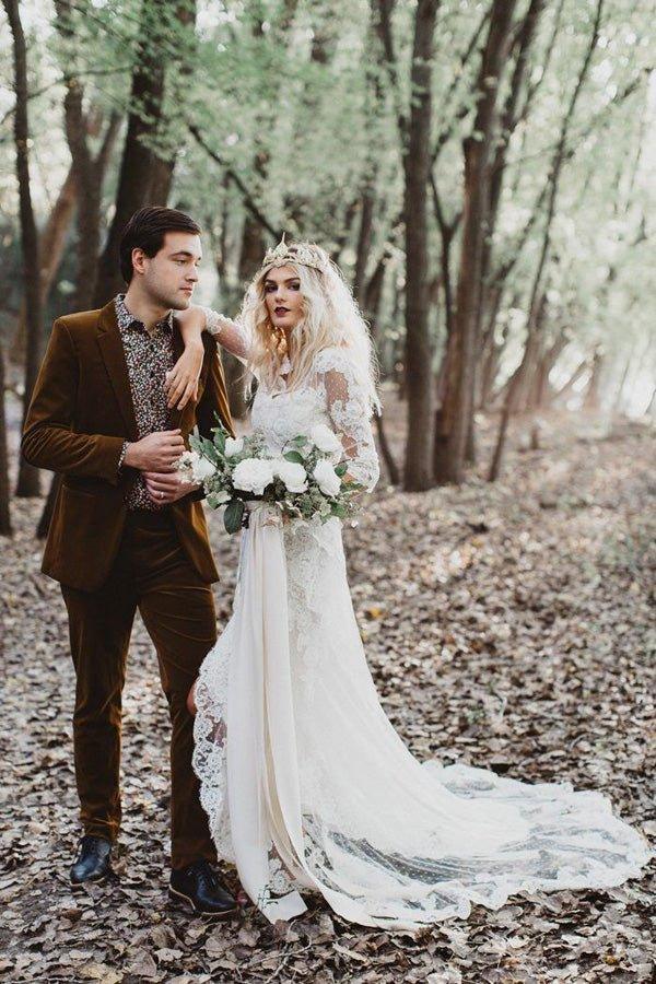 NumberSea Mermaid Gown with Unlined Sleeves Wedding Dress Front Slit Ivory Lace Bridal dress,MW349