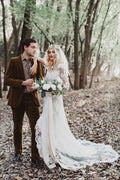 NumberSea Mermaid Gown with Unlined Sleeves Wedding Dress Front Slit Ivory Lace Bridal dress,MW349