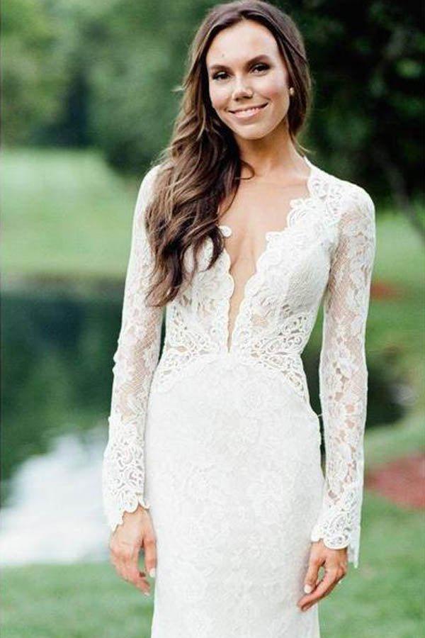 NumberSea Mermaid Ivory Backless Long Sleeve Lace Wedding Dresses ,MW283