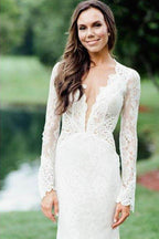 NumberSea Mermaid Ivory Backless Long Sleeve Lace Wedding Dresses ,MW283