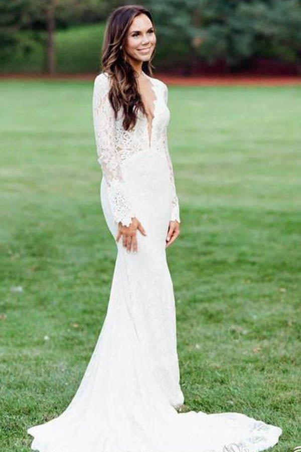 NumberSea Mermaid Ivory Backless Long Sleeve Lace Wedding Dresses ,MW283