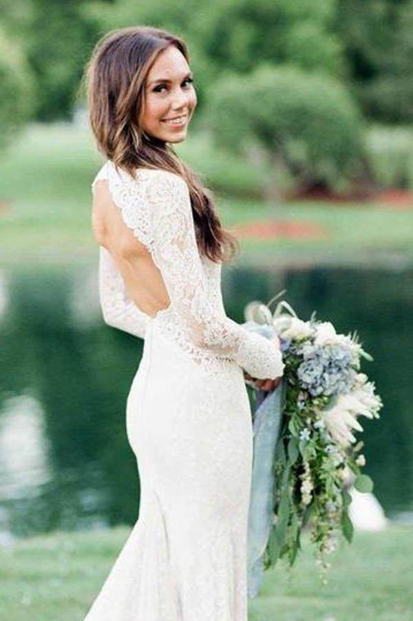 NumberSea Mermaid Ivory Backless Long Sleeve Lace Wedding Dresses ,MW283