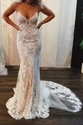 NumberSea Mermaid Lace Appliques Spaghetti Straps V-Neck Ivory Wedding Dresses,MW311