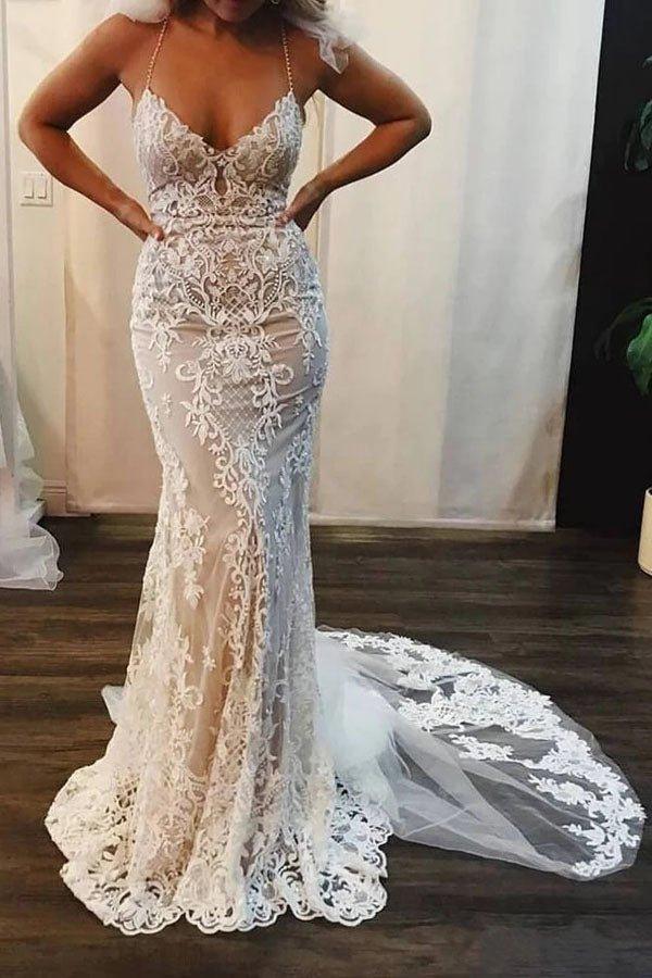 NumberSea Mermaid Lace Appliques Spaghetti Straps V-Neck Ivory Wedding Dresses,MW311
