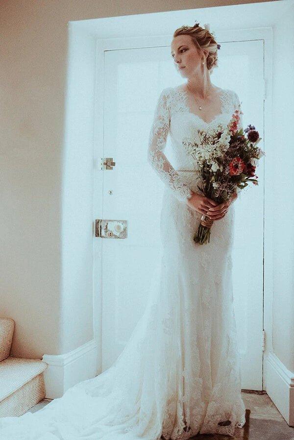 NumberSea Mermaid Lace V-neck Long Sleeves Wedding Dresses With Sweep Train, MW774
