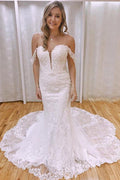NumberSea Mermaid Off-the-Shoulder Lace Appliques Wedding Dresses With Train, MW760
