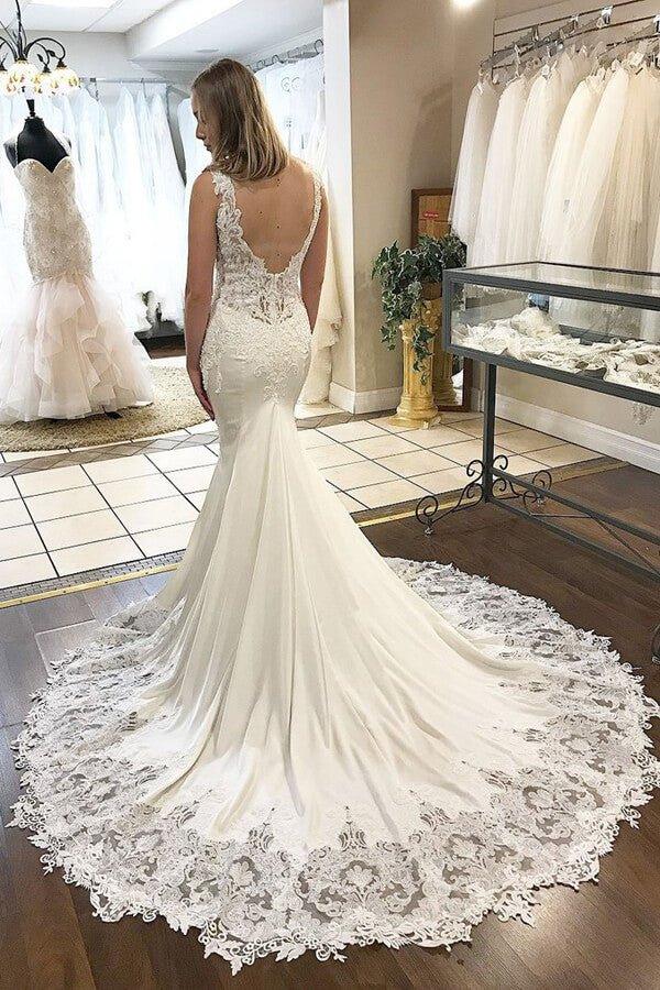 NumberSea Mermaid Satin Lace V-neck Appliqued Wedding Dresses With Chapel Train, MW603