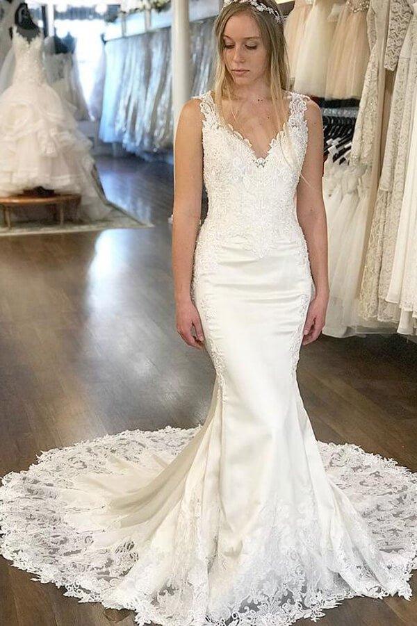 NumberSea Mermaid Satin Lace V-neck Appliqued Wedding Dresses With Chapel Train, MW603