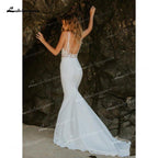 NumberSea Mermaid Soft Satin Wedding Dresses Spaghetti Straps Sleeveless Sexy Low V-Neck Beading Lace Appliques Cathedral Train Bride Gown