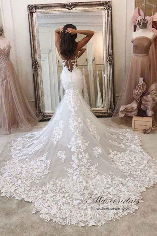 NumberSea Mermaid Spaghetti Straps Deep V Neck Wedding Dress With Chanpel Train, MW516