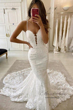 NumberSea Mermaid Spaghetti Straps Deep V Neck Wedding Dress With Chanpel Train, MW516