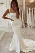 NumberSea Mermaid Square Neck Wedding Dresses With Train, Satin Wedding Gowns, MW705