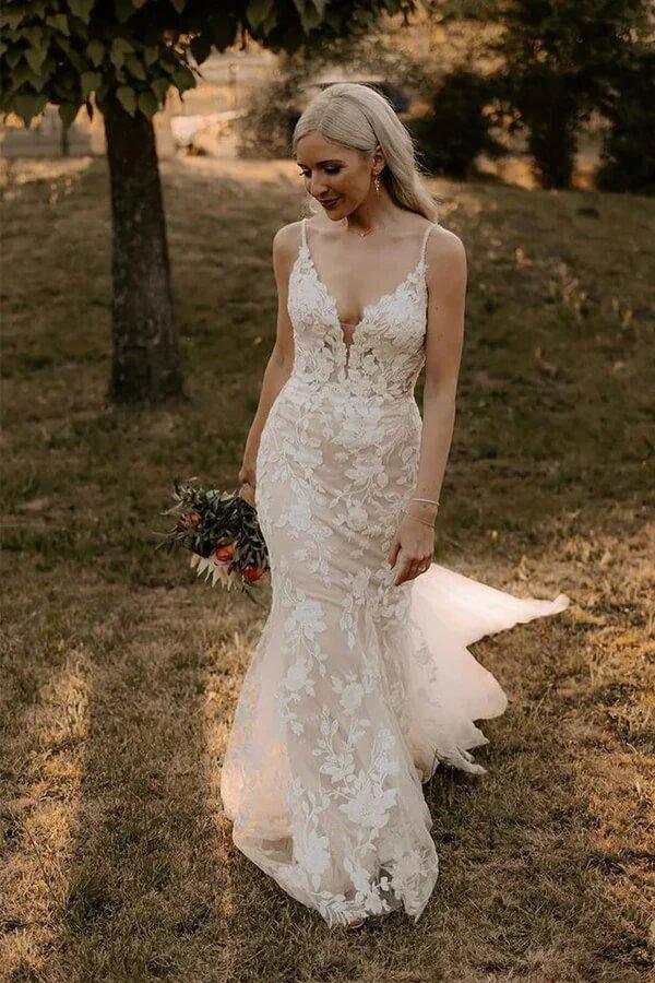 NumberSea Mermaid Tulle V-neck Wedding Dresses With Appliques, Bridal Gown, MW977