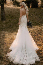 NumberSea Mermaid Tulle V-neck Wedding Dresses With Appliques, Bridal Gown, MW977