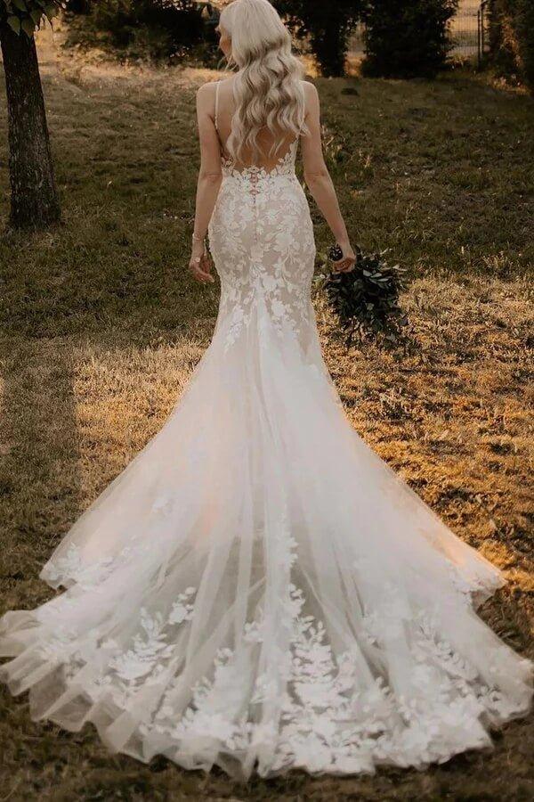 NumberSea Mermaid Tulle V-neck Wedding Dresses With Appliques, Bridal Gown, MW977