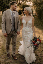 NumberSea Mermaid Tulle V-neck Wedding Dresses With Appliques, Bridal Gown, MW977