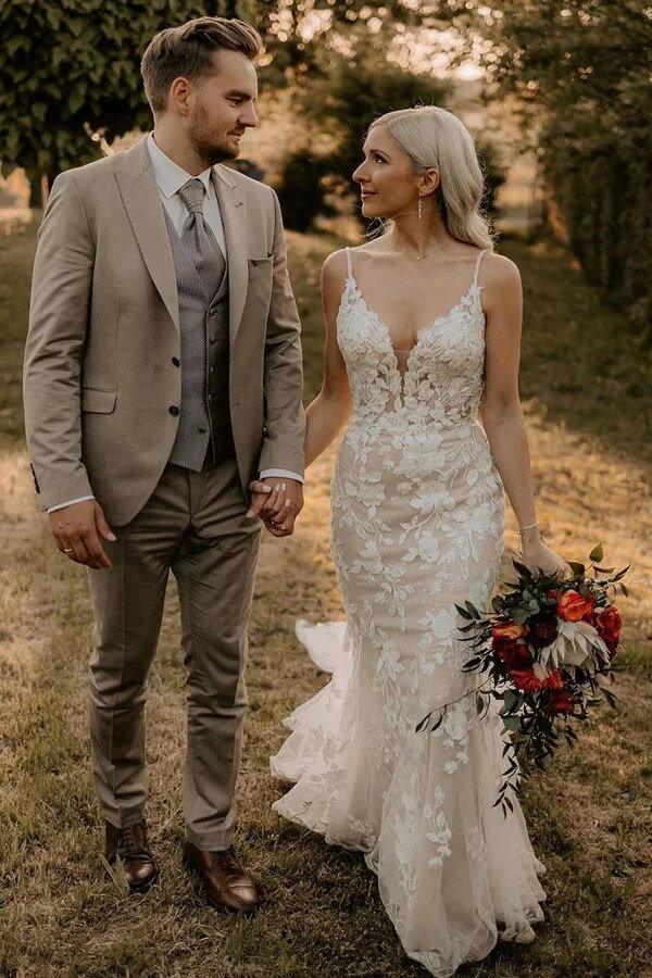 NumberSea Mermaid Tulle V-neck Wedding Dresses With Appliques, Bridal Gown, MW977