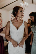 NumberSea Mermaid V-neck Lace Beaded Wedding Dresses With Train, Bridal Gown, MW802
