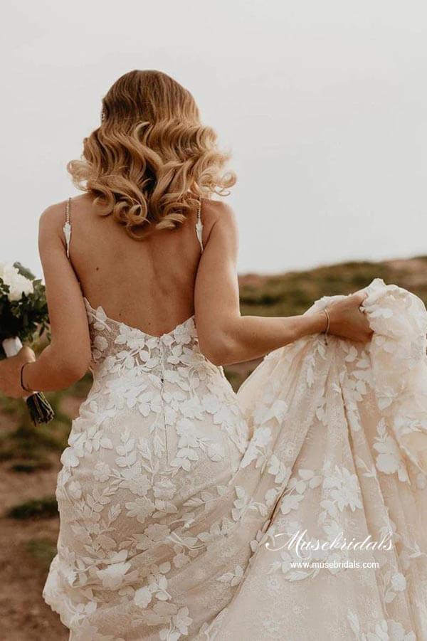 NumberSea Mermaid V-neck Open Back Lace Appliques Beach Wedding Dresses, MW871
