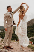 NumberSea Mermaid V-neck Open Back Lace Appliques Beach Wedding Dresses, MW871