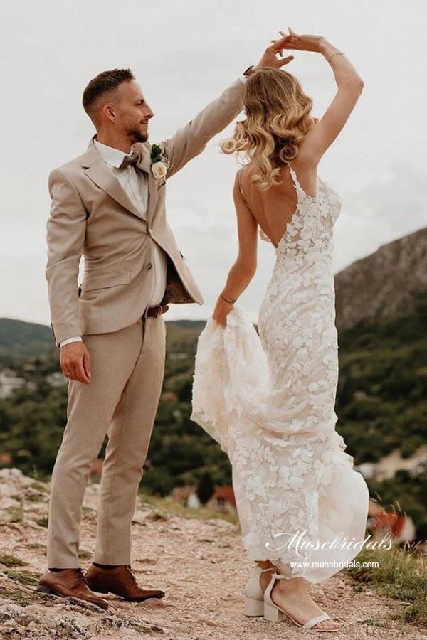 NumberSea Mermaid V-neck Open Back Lace Appliques Beach Wedding Dresses, MW871