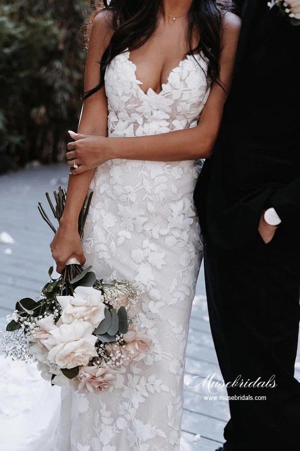 NumberSea Mermaid V-neck Open Back Lace Appliques Beach Wedding Dresses, MW871