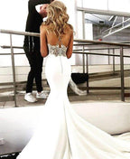 NumberSea Mermaid V-neck Spaghetti Straps Soft Satin Lace Wedding Dresses,Beach Wedding Dresses,MW404