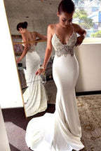NumberSea Mermaid V-neck Spaghetti Straps Soft Satin Lace Wedding Dresses,Beach Wedding Dresses,MW404