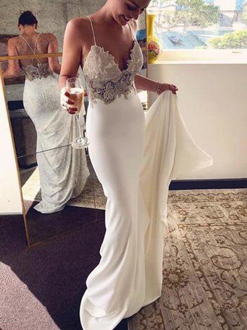 NumberSea Mermaid V-neck Spaghetti Straps Soft Satin Lace Wedding Dresses,Beach Wedding Dresses,MW404